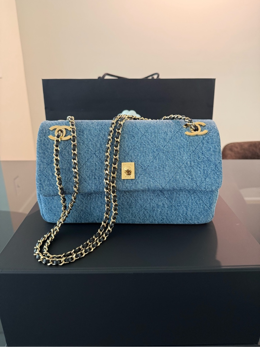 CHANEL Light Blue Denim Quilted Flap Shoulder Bag with Gold Hardware